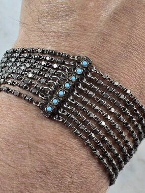 Womens Vintage Estate Coin Silver ? Turquoise Southwestern Bracelet 28.2g E6770
